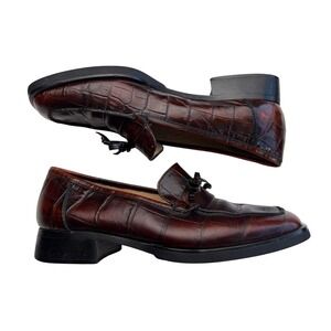 Sesto Meucci Vintage Loafers Croc Embossed Leather Dark Academia Brown 8.5
